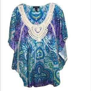 Style & Co 1X Boho crochet batwing Paisley Top